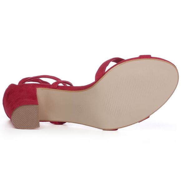 Open Toe Lace-Up High Block Heels Red Sandals - Picture 6 of 6